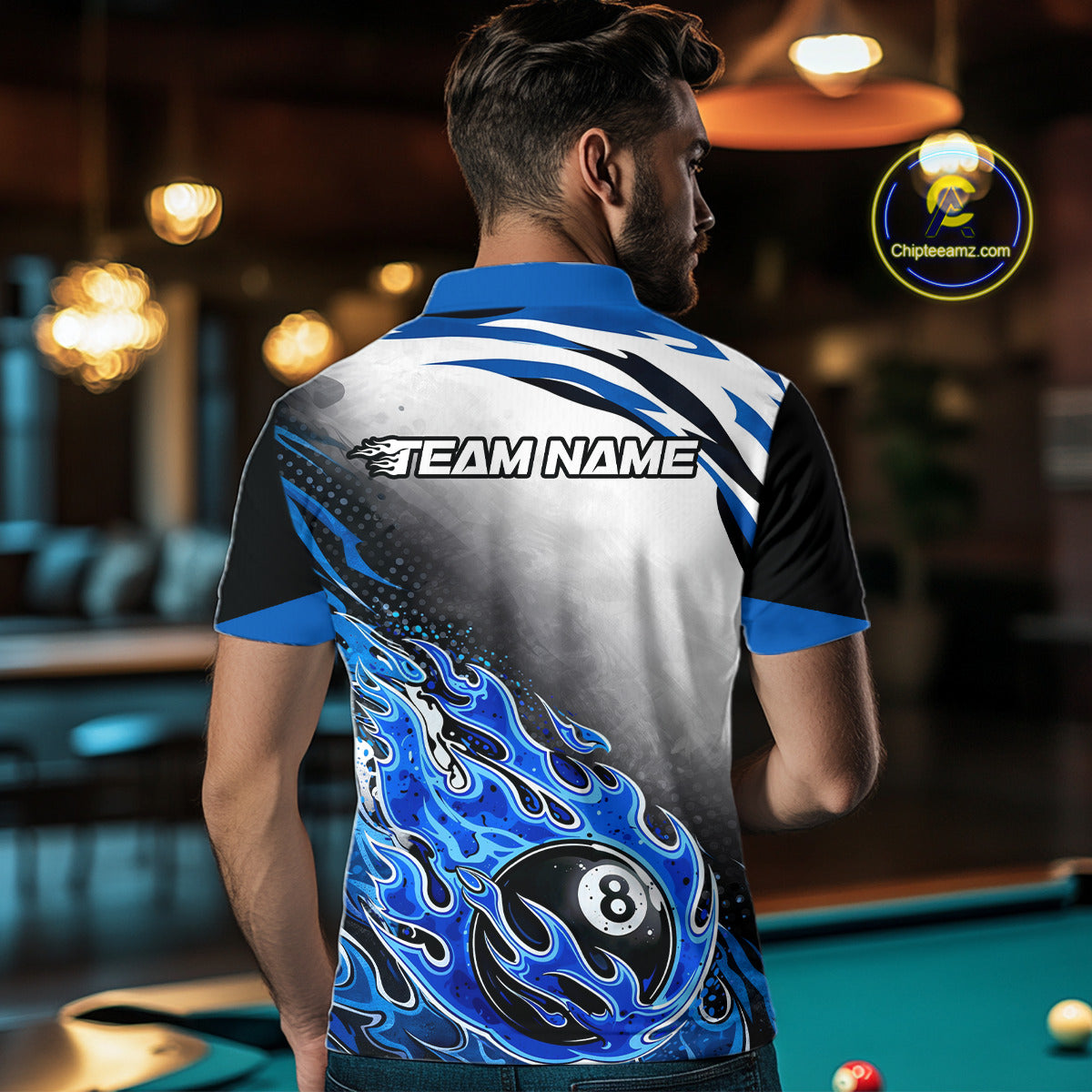 Blue Flaming 8 Ball Billiard Jersey Custom Men's Billiard Polo & Quarter Zip, Pool Team Jersey TDM5725