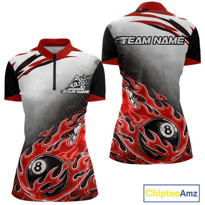 Red Flaming 8 Ball Billiard Jersey Custom Women's Billiard Polo & Quarter Zip, Pool Team Jersey TDM5726