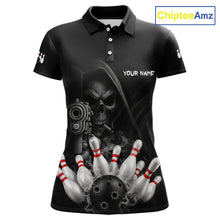 Load image into Gallery viewer, Funny Grim Reaper smoke black bowling team jersey polo shirt for women featuring a dark Grim Reaper with smoky artwork, premium custom bowling league apparel for tournaments and competitive bowling teams.