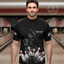 Load image into Gallery viewer, Man wearing funny Grim Reaper smoke black bowling team jersey quarter zip shirt featuring smoky Grim Reaper artwork, front view.