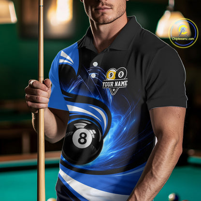 Black And Blue 8 Ball & 9 Ball Billiard Shirt For Men Custom Pool Jersey Team Polo & 1/4 Zip TDM6343