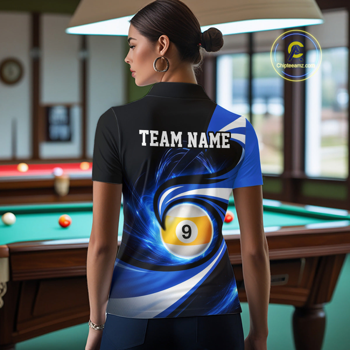 Black And Blue 8 Ball & 9 Ball Billiard Shirt For Women Custom Pool Jersey Team Polo & 1/4 Zip TDM6343