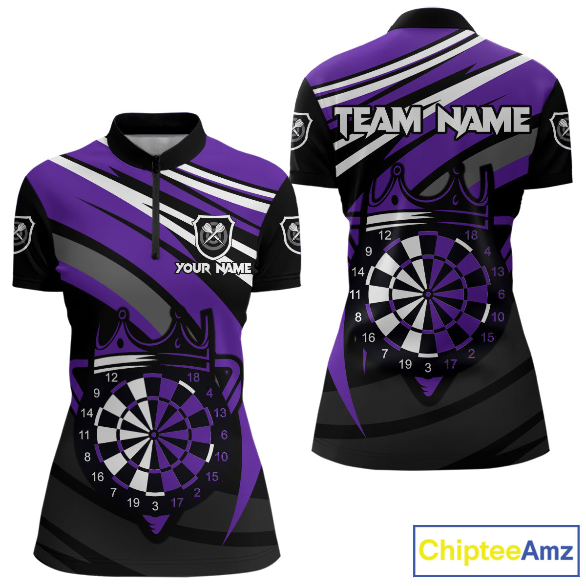 Black And Purple Dartboard Crown Darts Shirt For Women Custom Darts Sport Jersey Team Polo & 1/4 Zip TDM4794