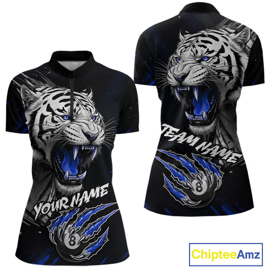 Personalized Tiger 8 Ball Pool Billiard Shirt For Women, Billiard Team Jersey Polo & 1/4 Zip |Blue TDM5496