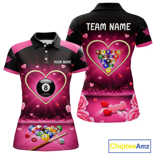 Black And Pink 8 Ball Pool Heart Billiard Shirt For Women Custom Valentine Billiard Gifts TDM5748