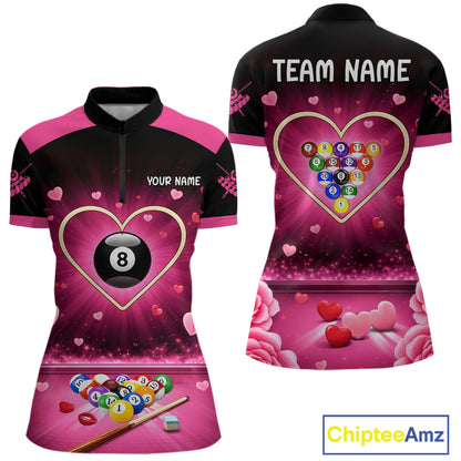 Black And Pink 8 Ball Pool Heart Billiard Shirt For Women Custom Valentine Billiard Gifts TDM5748