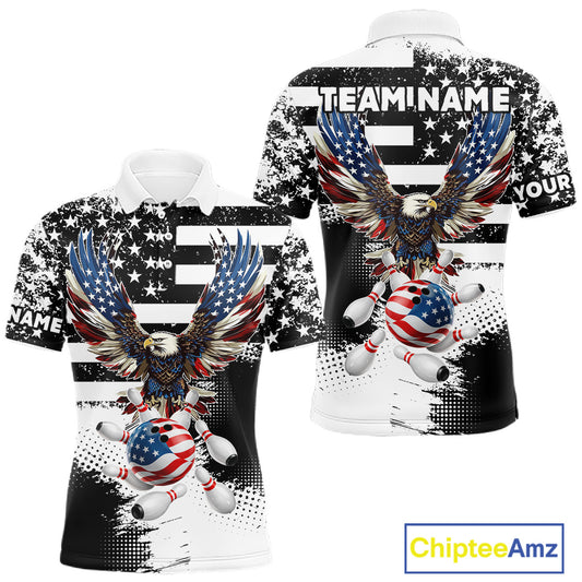 Custom Bowling Shirts For Men, Grunge Eagle American Flag Bowling Jersey Team Polo & 1/4 Zip TDM6545
