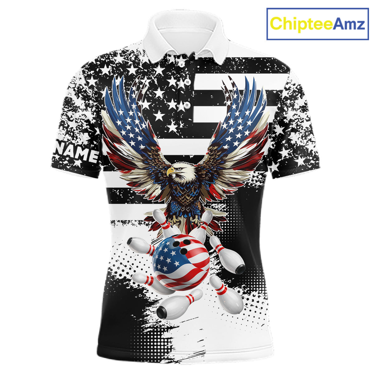 Custom Bowling Shirts For Men, Grunge Eagle American Flag Bowling Jersey Team Polo & 1/4 Zip TDM6545