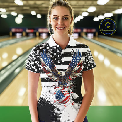 Custom Bowling Shirts For Women, Grunge Eagle American Flag Bowling Jersey Team Polo & 1/4 Zip TDM6545