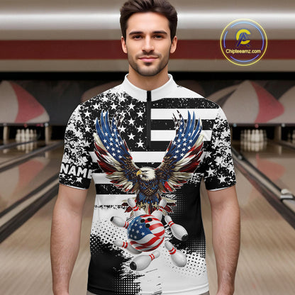 Custom Bowling Shirts For Men, Grunge Eagle American Flag Bowling Jersey Team Polo & 1/4 Zip TDM6545