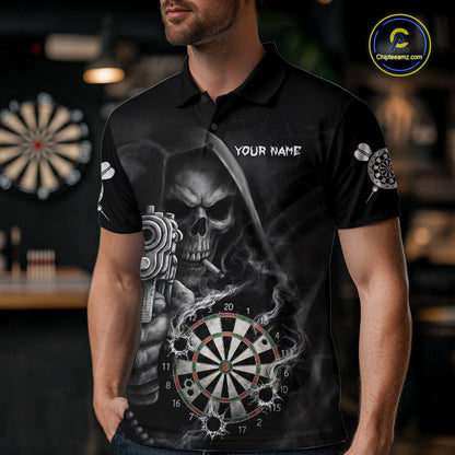 Funny Grim Reaper Smoke Darts Shirt For Men Custom Darts Jersey Team Polo & 1/4 Zip TDM5758