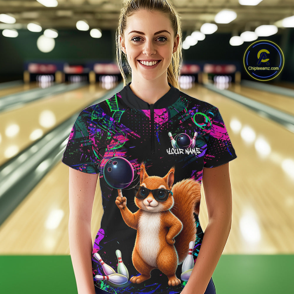 Personalized Funny Squirrel Graffiti Bowling Jersey For Women, Bowling Team Shirts Polo & 1/4 Zip TDM6555