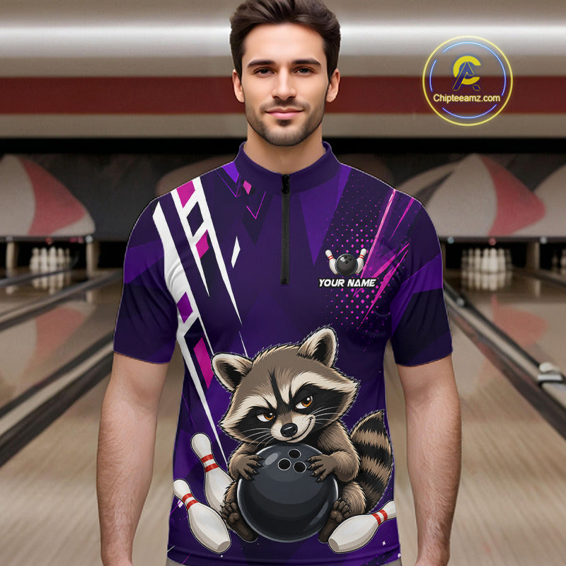 Man wearing custom purple funny raccoon bowling team jersey quarter zip shirt featuring funny raccoon artwork, front view.