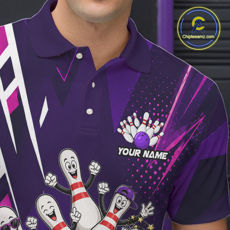 Close-up of personalized purple funny skateboarding bowling ball bowling team jersey polo shirt featuring collar, buttons and skateboarding bowling ball artwork.