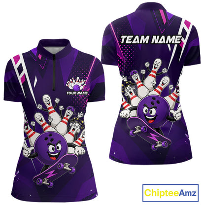 Personalized purple funny skateboarding bowling ball bowling team jersey quarter zip shirt for women featuring funny skateboarding bowling ball artwork, premium custom bowling apparel.