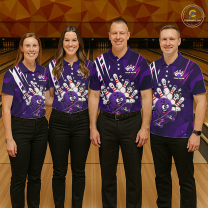 Bowling team wearing matching personalized purple funny skateboarding bowling ball bowling team jerseys, front view.