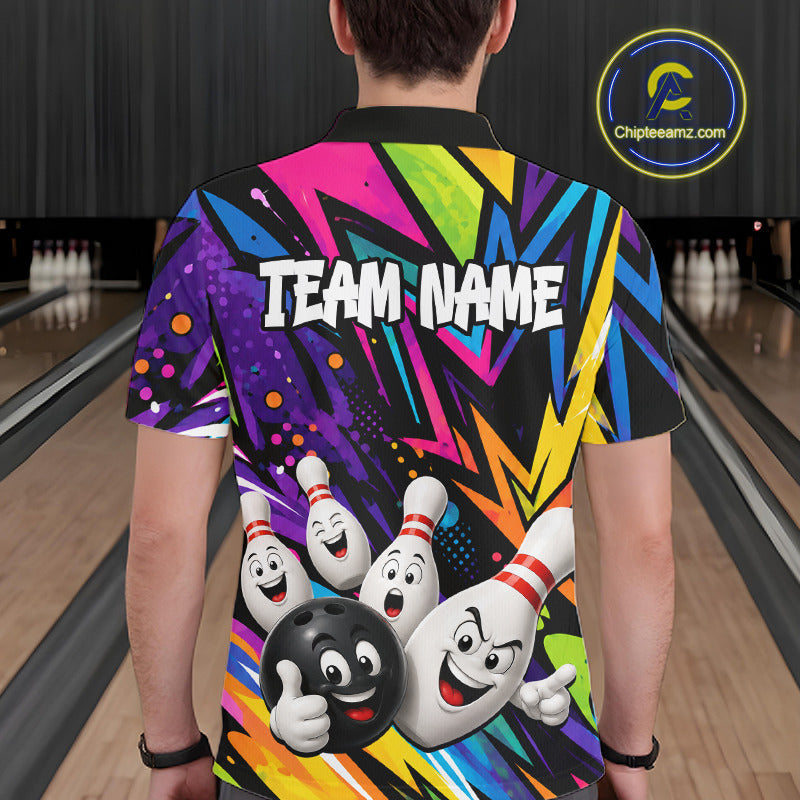Man wearing funny colorful bowling ball bowling team jersey polo shirt featuring colorful bowling ball artwork, back view.