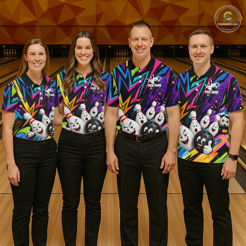 Bowling team wearing matching funny colorful bowling ball bowling team jerseys, front view.