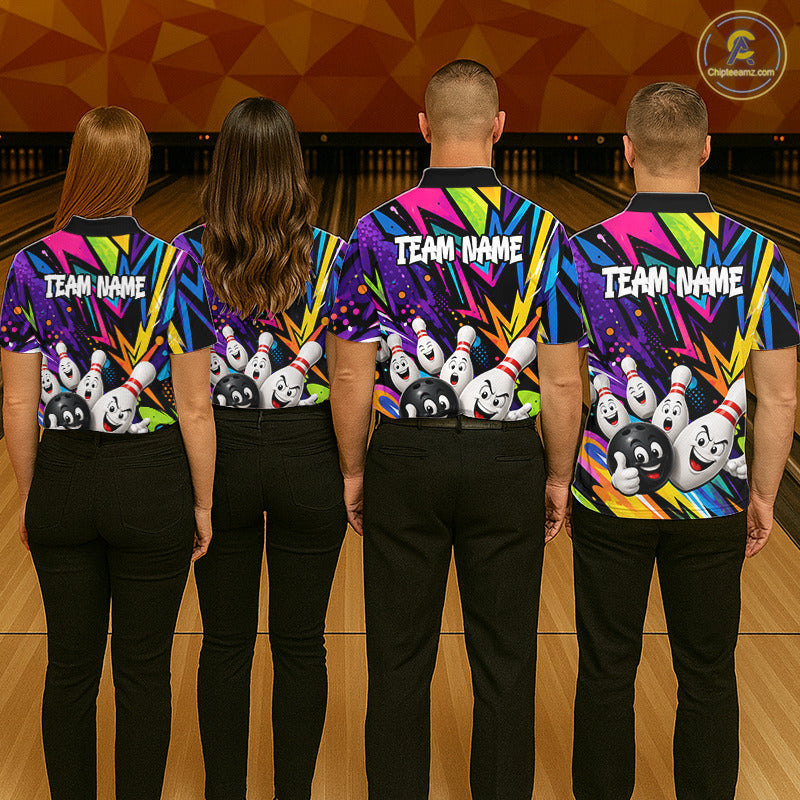 Bowling team wearing matching funny colorful bowling ball bowling team jerseys, back view.