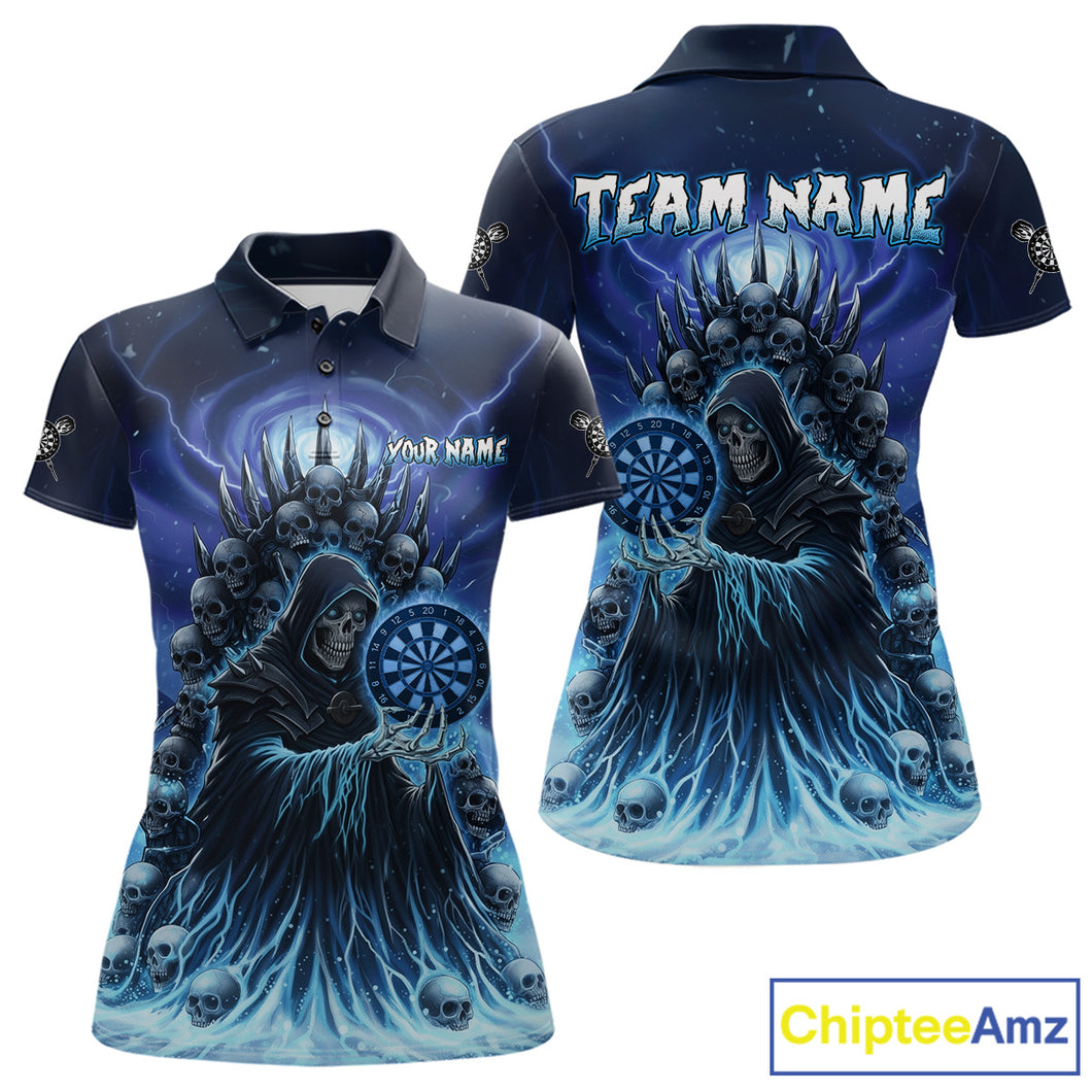Personalized Blue Grim Reaper Darts Jersey For Women Custom Skull Dart Team Polo & Quarter Zip Shirt TDM5058