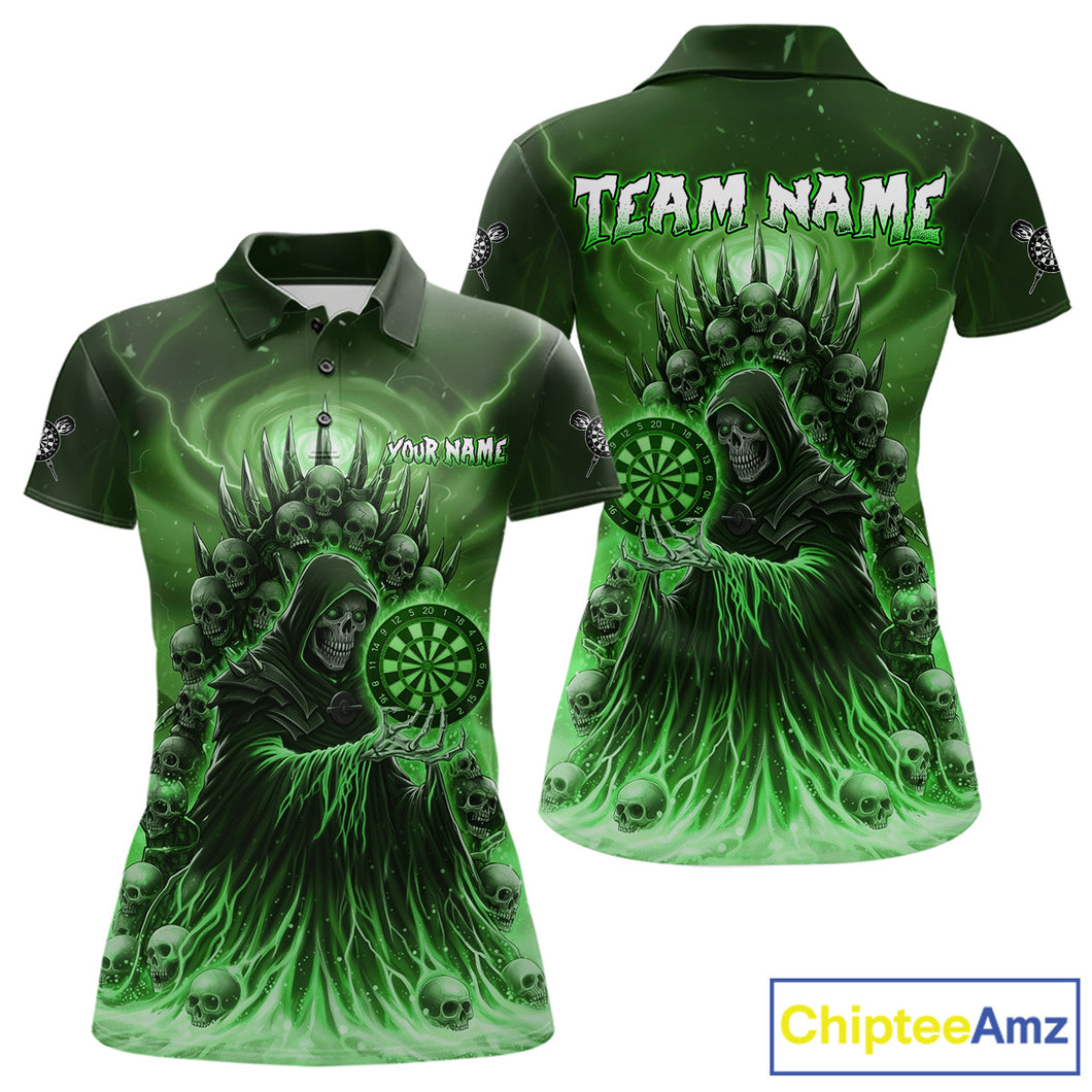 Personalized Green Grim Reaper Darts Jersey For Women Custom Skull Darts Team Polo & Quarter Zip  TDM5060