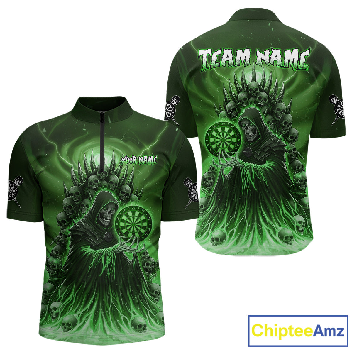 Personalized Green Grim Reaper Darts Jersey For Men Custom Skull Darts Team Polo & Quarter Zip  TDM5060