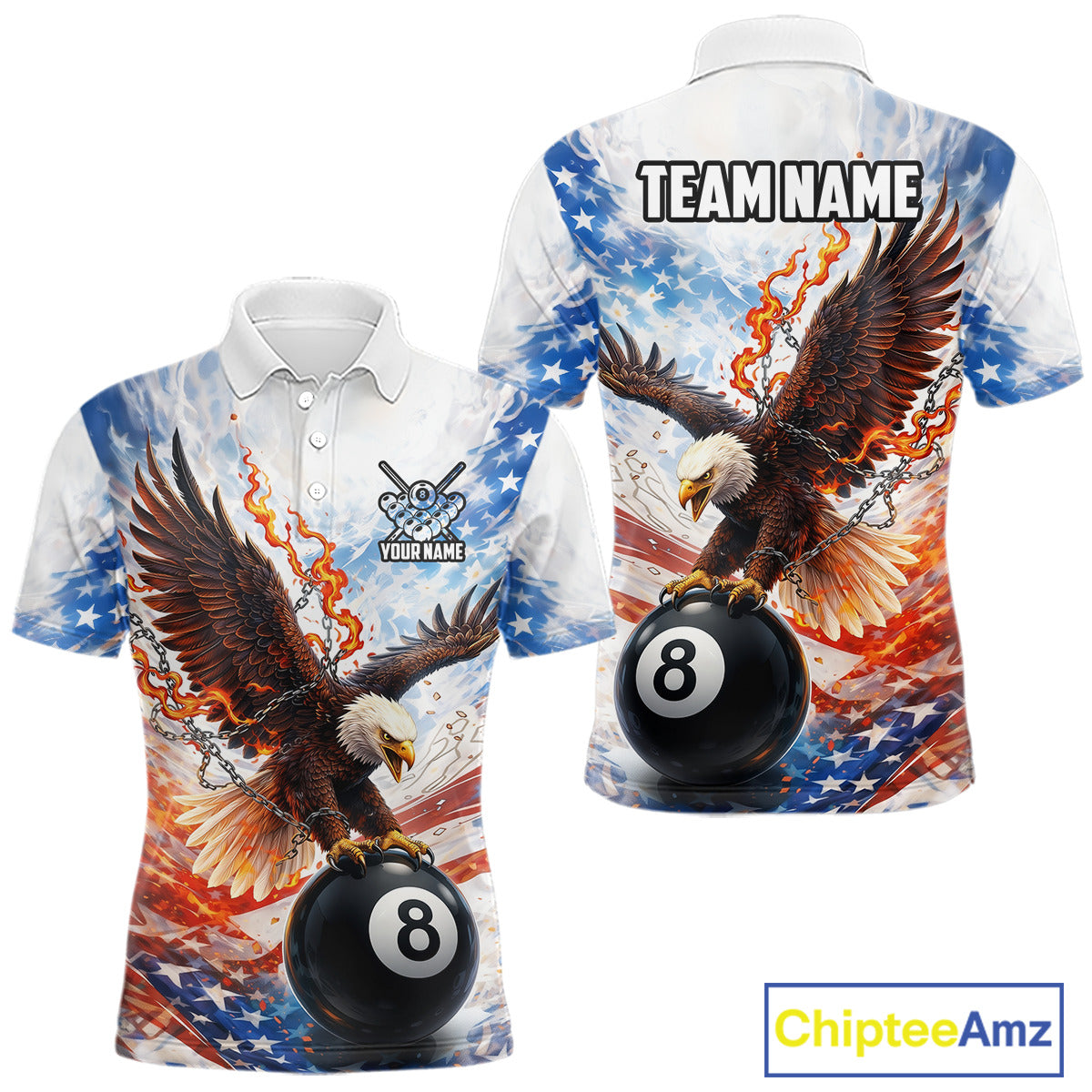 American Flag Eagle 8 Ball Billiard Shirt For Men Custom Patriotic Pool Team Jersey Polo & 1/4 Zip TDM6156