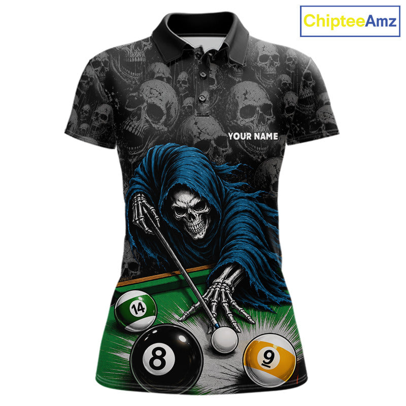 Personalized Funny Grim Reaper Skull 8 Ball 9 Ball Billiard Polo Shirt Featuring a Playful Skull Design for Pool League Players, Team Competition, and Tournament Events