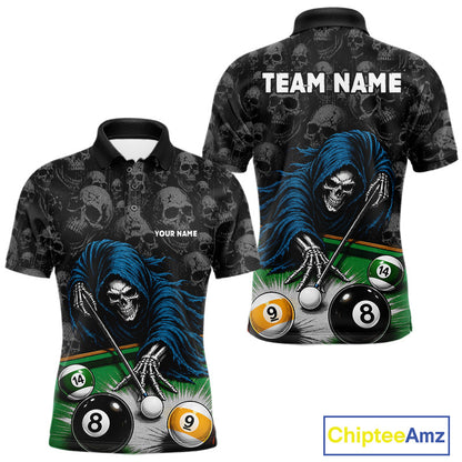 Custom Funny Grim Reaper Skull 8 Ball 9 Ball Polo Shirt Designed for Personalized Billiard Team Jerseys with Bold Artwork and Athletic Performance Style