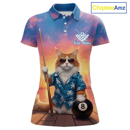 Personalized Funny Cat Sunset Billiard Shirt For Women Custom 8 Ball Pool Team Jersey Polo & 1/4 Zip TDM6414