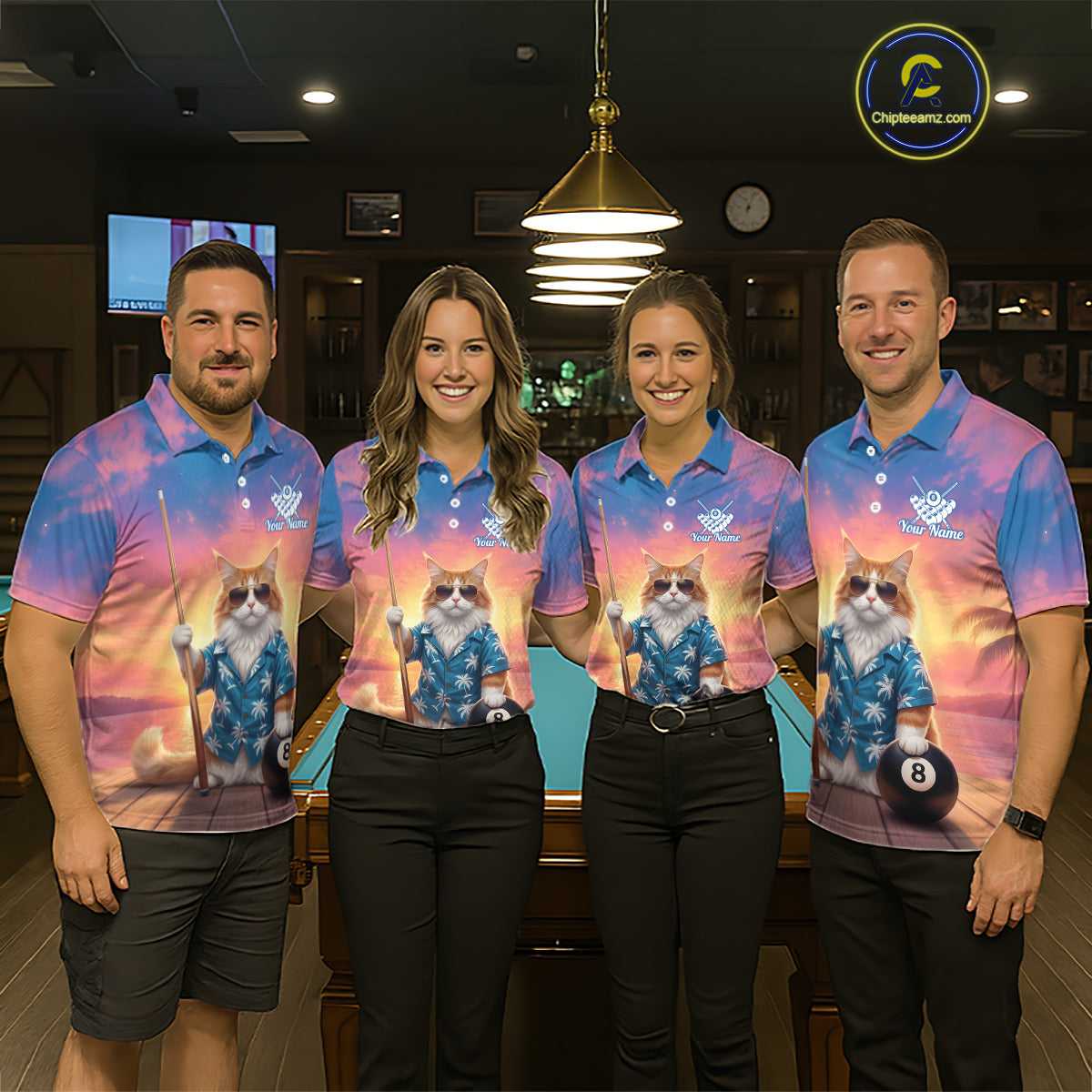 Personalized Funny Cat Sunset Billiard Shirt For Men Custom 8 Ball Pool Team Jersey Polo & 1/4 Zip TDM6414