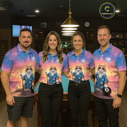 Personalized Funny Cat Sunset Billiard Shirt For Men Custom 8 Ball Pool Team Jersey Polo & 1/4 Zip TDM6414