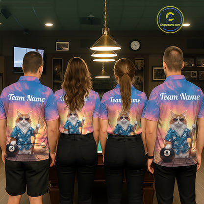 Personalized Funny Cat Sunset Billiard Shirt For Men Custom 8 Ball Pool Team Jersey Polo & 1/4 Zip TDM6414