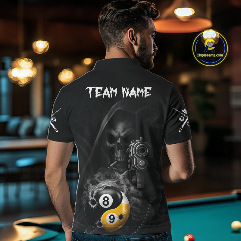 Man Wearing Grim Reaper 8 Ball 9 Ball Yin Yang Smoke Custom Pool Team Jersey Featuring the Complete Rear Graphic Design, Back View