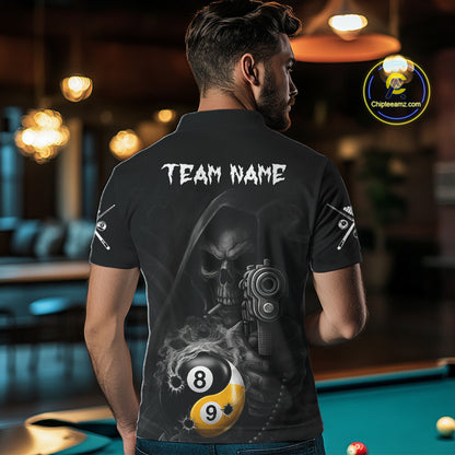 Man Wearing Grim Reaper 8 Ball 9 Ball Yin Yang Smoke Custom Pool Team Jersey Featuring the Complete Rear Graphic Design, Back View
