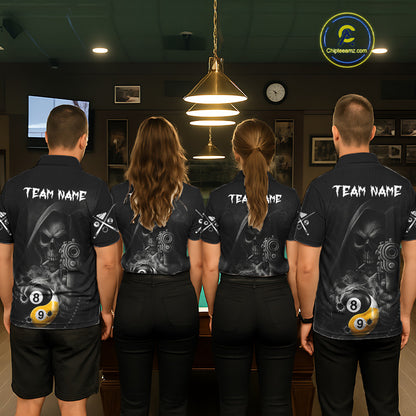 Pool Team Wearing Grim Reaper 8 Ball 9 Ball Yin Yang Smoke Custom Billiard Team Jerseys Featuring the Complete Back Artwork, Back View