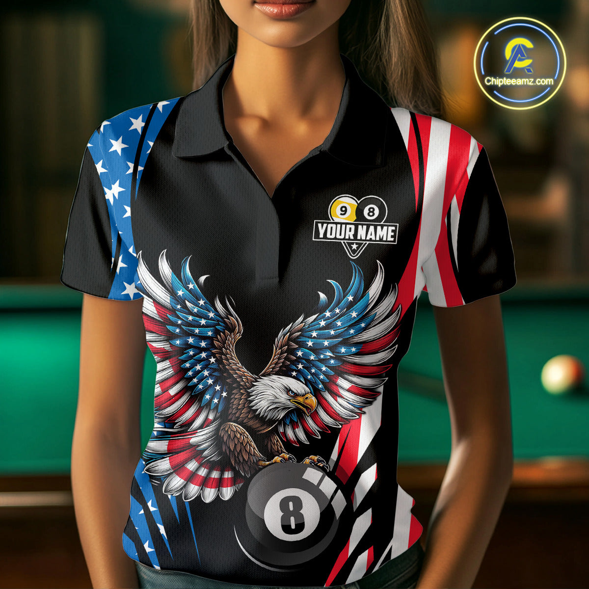 American Flag Eagle 8 Ball & 9 Ball Billiard Shirt For Women Custom Patriotic Pool Team Jersey TDM5314