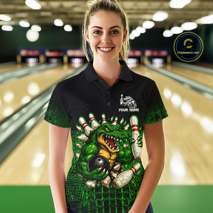 Black And Green Funny Alligator Bowling Shirt For Women Custom Bowling Jersey Team Polo & 1/4 Zip TDM5818