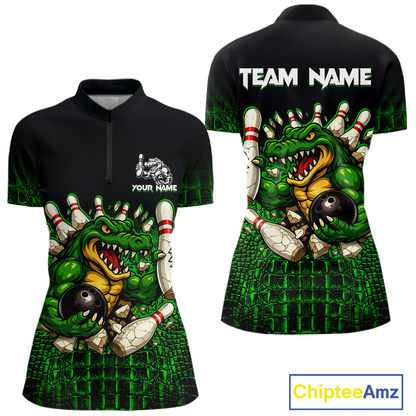 Black And Green Funny Alligator Bowling Shirt For Women Custom Bowling Jersey Team Polo & 1/4 Zip TDM5818