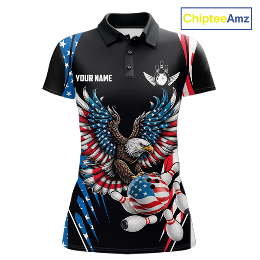 Personalized American Flag Eagle Bowling Polo & 1/4 Zip For Women, Patriotic Bowling Team Jersey TDM5822