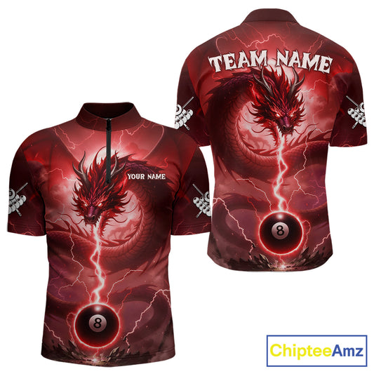Red 8 Ball Lightning Dragon Billiard Jersey For Men Custom Pool Team Shirt Polo & 1/4 Zip TDM5116