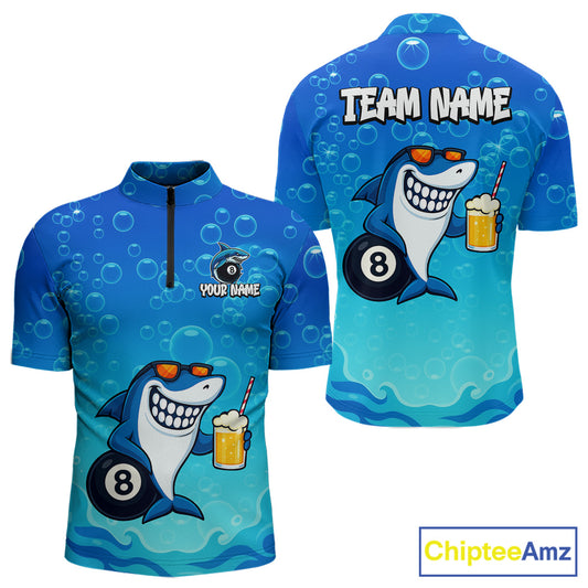 Blue Funny Shark 8 Ball Billiard Shirts For Men Custom Pool Team Shirt, Billiard Polo & 1/4 Zip TDM5134