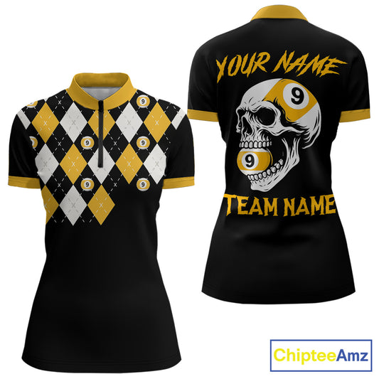 Personalized 9 Ball Skull Argyle Pattern Women's Billiard Shirts, 9 Ball Team Shirts Billiard Jersey TDM5137