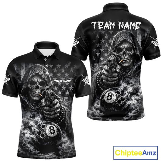 US Flag Grim Reaper 8 Ball Smoke Billiard Shirt For Men Custom Pool Jersey, Billiard Team Shirt TDM5611