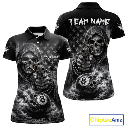 US Flag Grim Reaper 8 Ball Smoke Billiard Shirt For Women Custom Pool Jersey, Billiard Team Shirt TDM5611