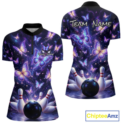 Custom Purple Butterfly Bowling Shirt For Women, Glowing Bowling Team Jersey Polo & 1/4 Zip TDM6225