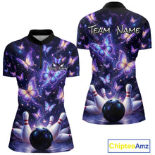 Load image into Gallery viewer, Custom Purple Butterfly Bowling Shirt For Women, Glowing Bowling Team Jersey Polo &amp; 1/4 Zip TDM6225