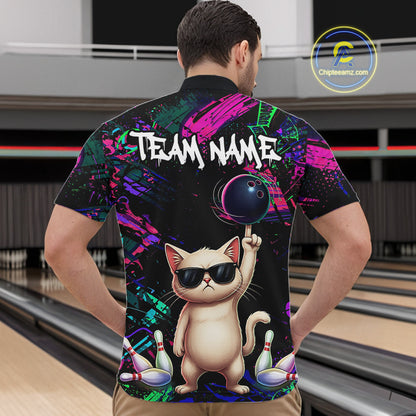 Custom Funny Cat Graffiti Bowling Shirt For Men, Personalized Bowling Team Jersey Polo & 1/4 Zip TDM6455