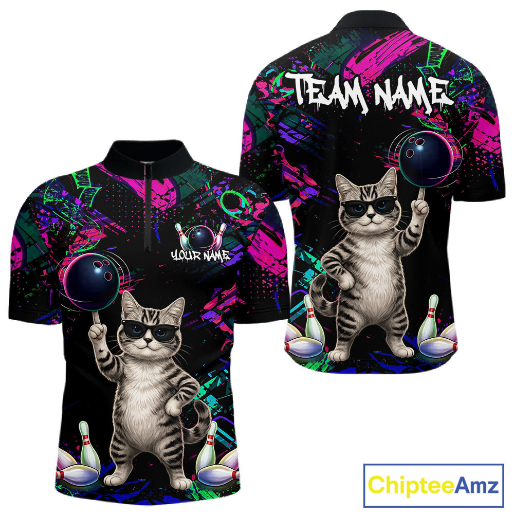 Personalized Funny Cat Graffiti Bowling Shirt For Men Custom Bowling Jersey Team Polo & 1/4 Zip TDM6456