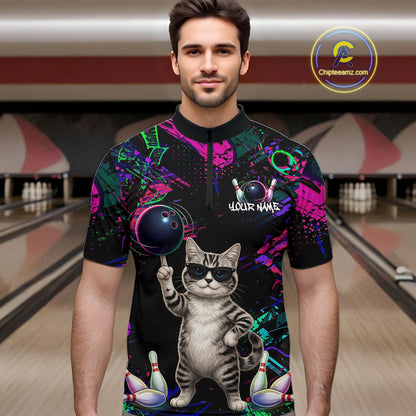 Personalized Funny Cat Graffiti Bowling Shirt For Men Custom Bowling Jersey Team Polo & 1/4 Zip TDM6456
